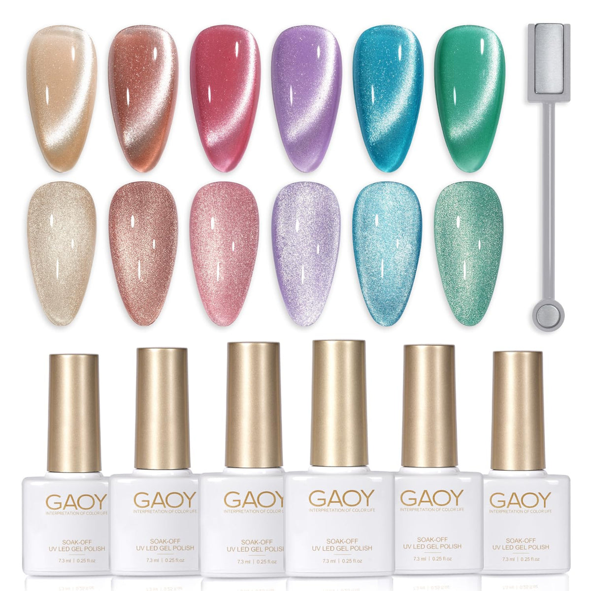 GAOY front packaging showing six glitter cat-eye gel bottles and magnet, ideal for gifting