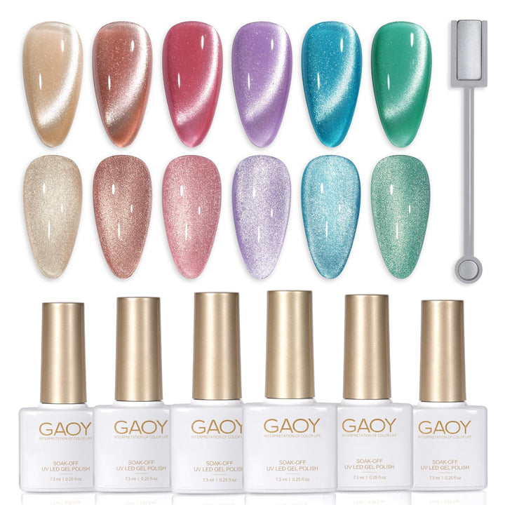 GAOY front packaging showing six glitter cat-eye gel bottles and magnet, ideal for gifting