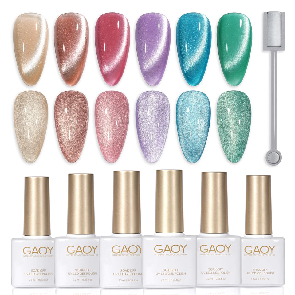 GAOY front packaging showing six glitter cat-eye gel bottles and magnet, ideal for gifting