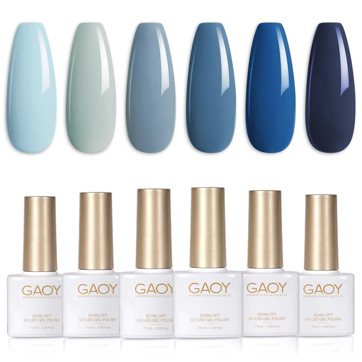GAOY front packshot showing six gel bottles, clear view and color range benefit