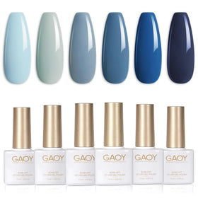 GAOY front packshot showing six gel bottles, clear view and color range benefit