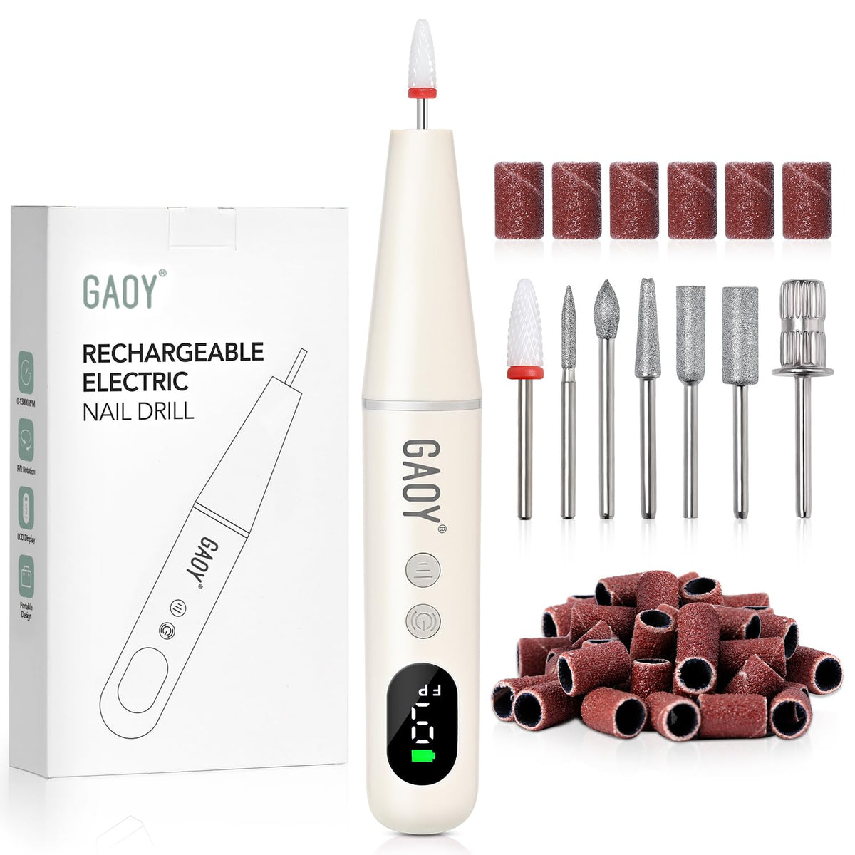 GAOY cordless nail file front view showing compact design and portability
