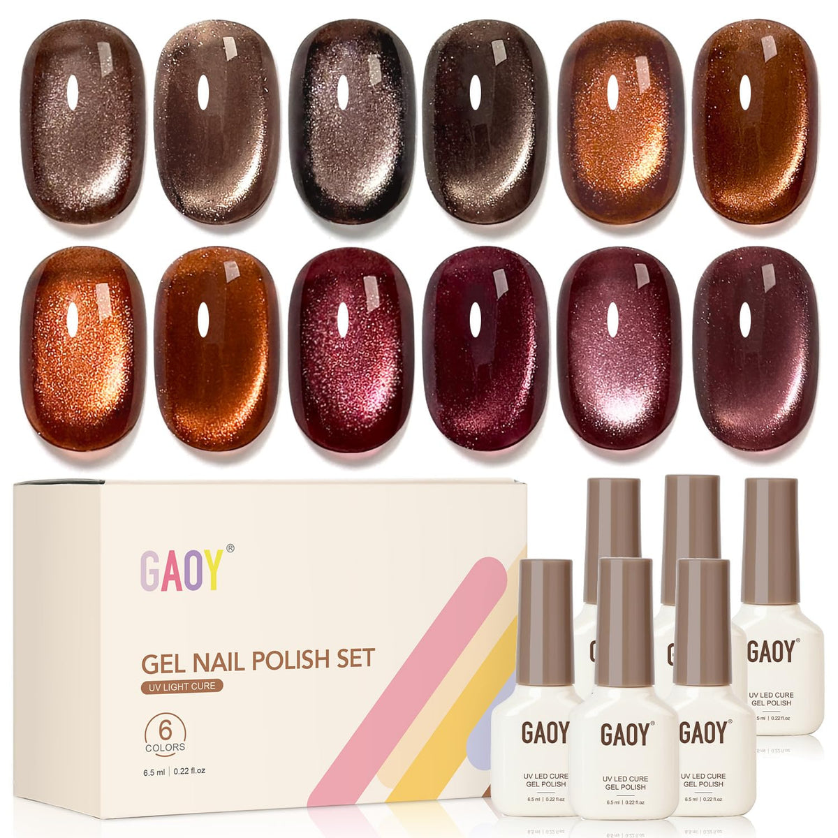 GAOY front view showing six gel polish bottles and cat eye magnet for versatile looks