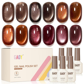 GAOY front view showing six gel polish bottles and cat eye magnet for versatile looks