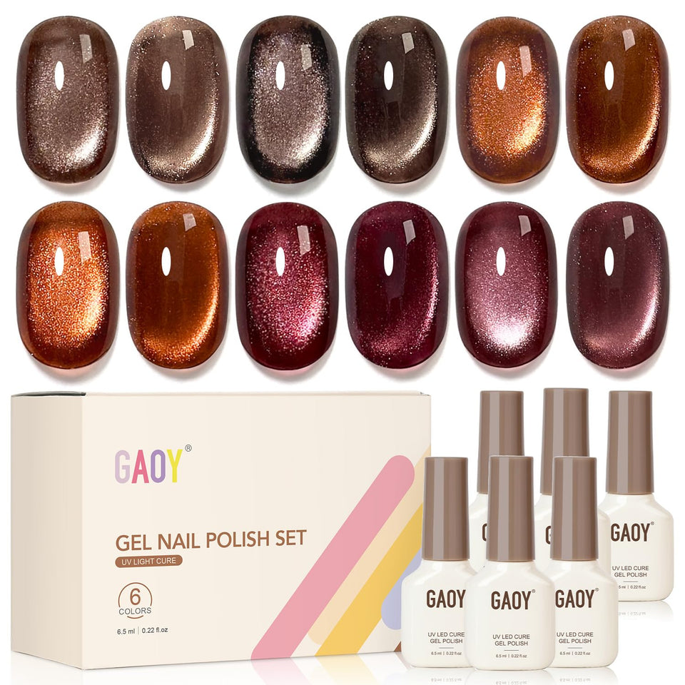 GAOY front view showing six gel polish bottles and cat eye magnet for versatile looks