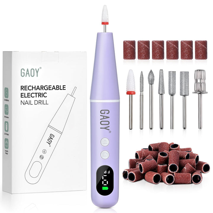 GAOY front view of violet nail drill showing compact sleek design and portability
