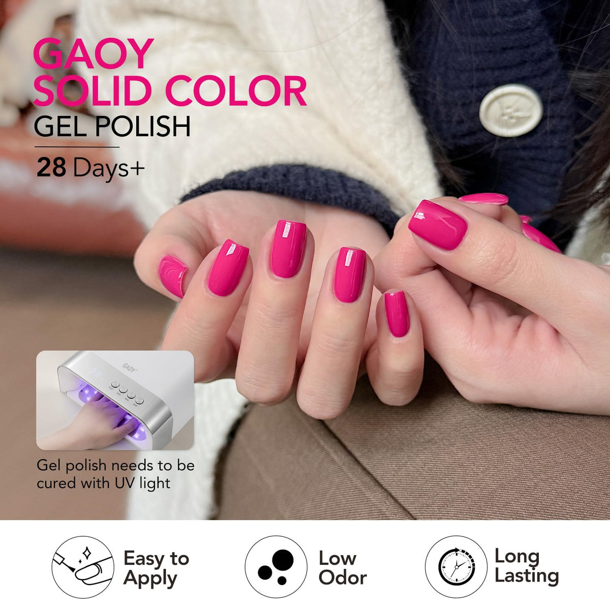 GAOY lifestyle image of hands with pink gel manicure showcasing salon look
