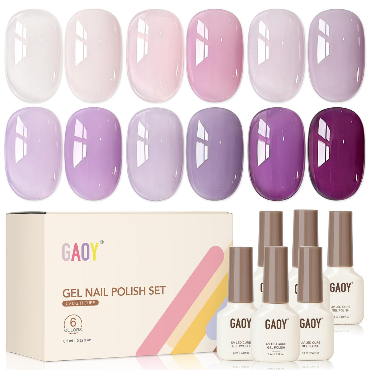 GAOY front packaging showing six sheer gel bottles and benefits of layering