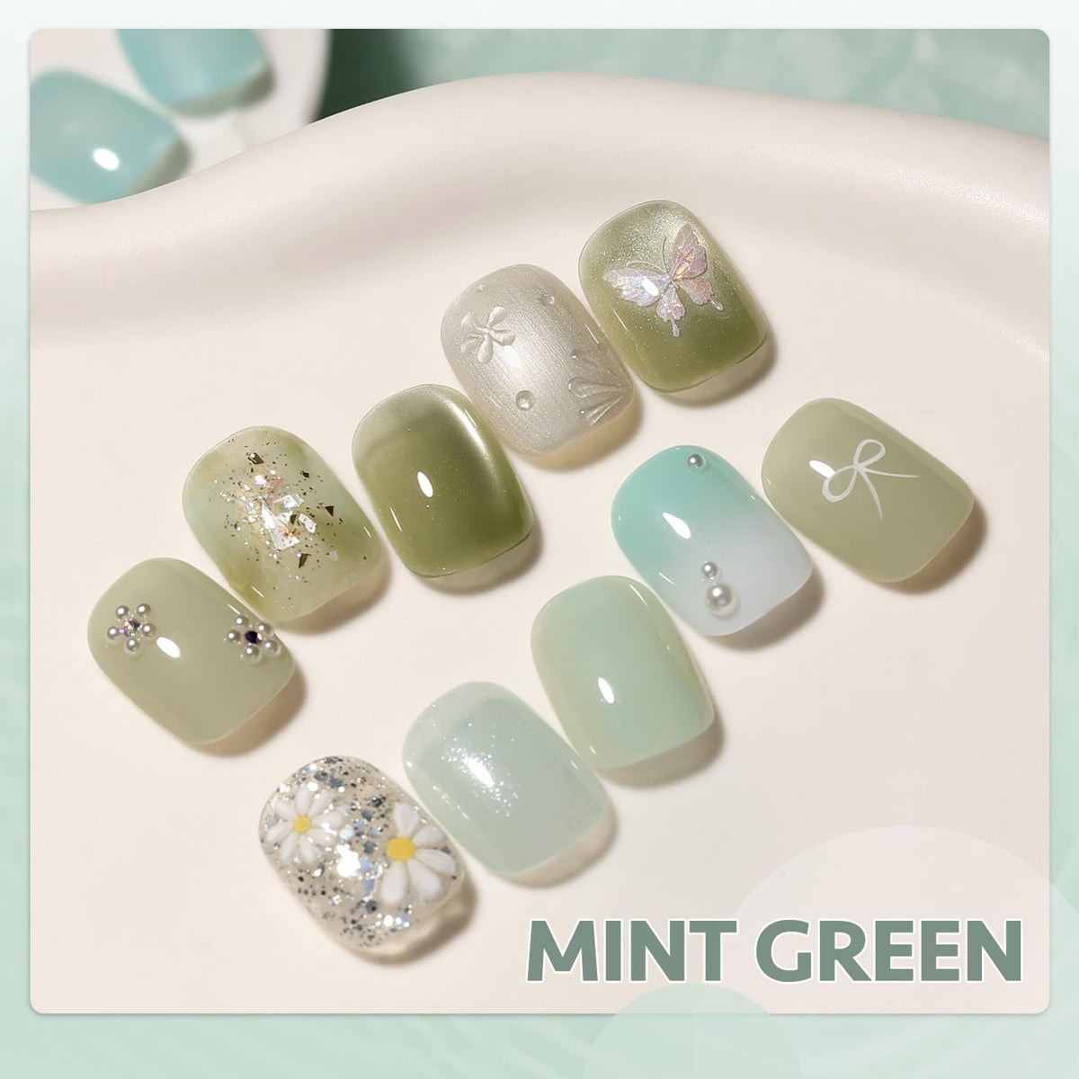 GAOY finished manicure lifestyle shot showcasing mint glitter cat-eye nails