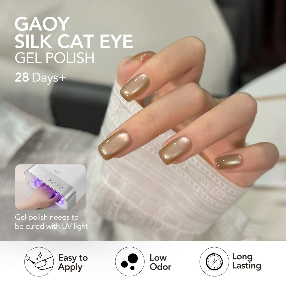 GAOY manicured hands on coffee table lifestyle shot highlighting polished shimmer and style
