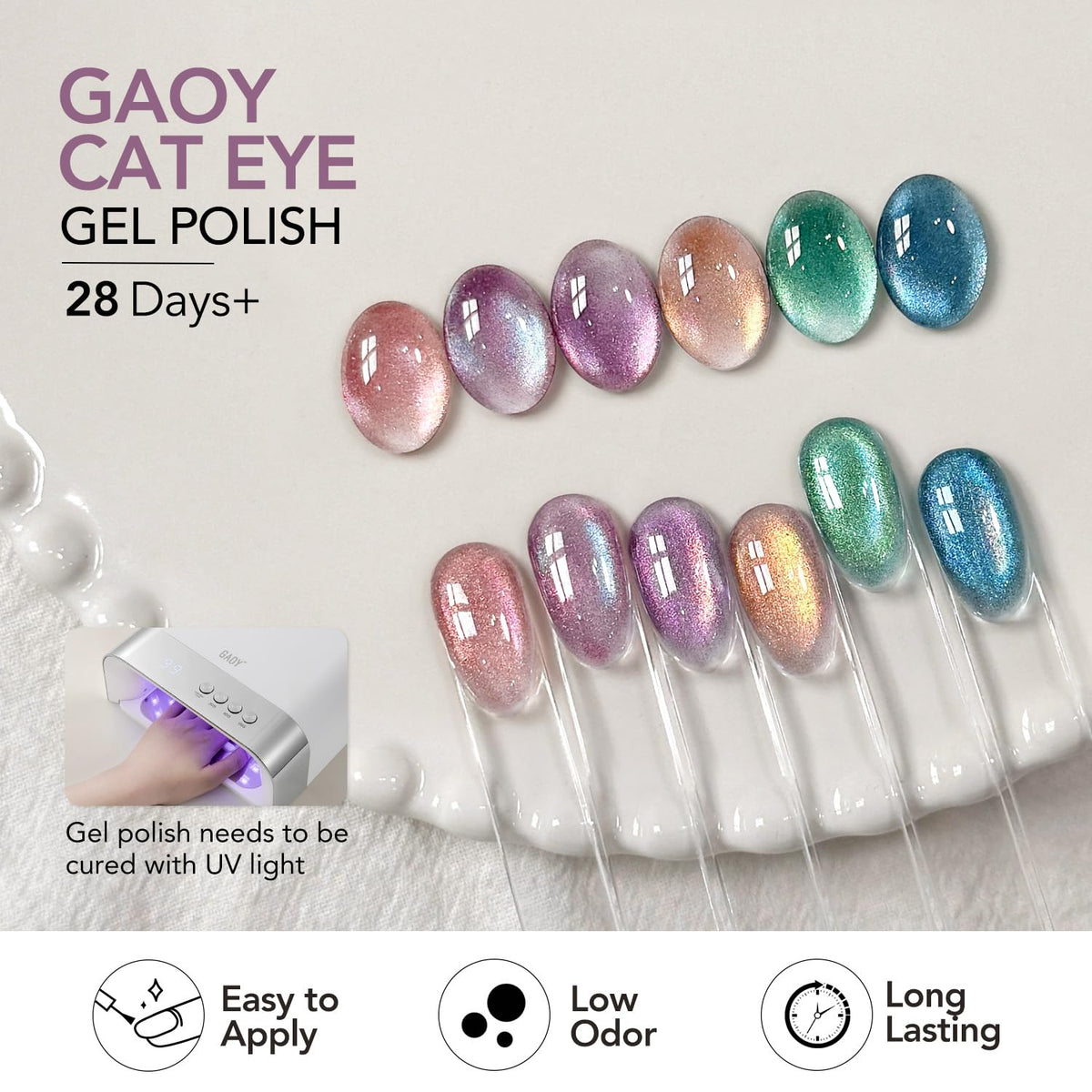 GAOY finished manicure on hands showcasing glossy cat eye effect and salon-quality look