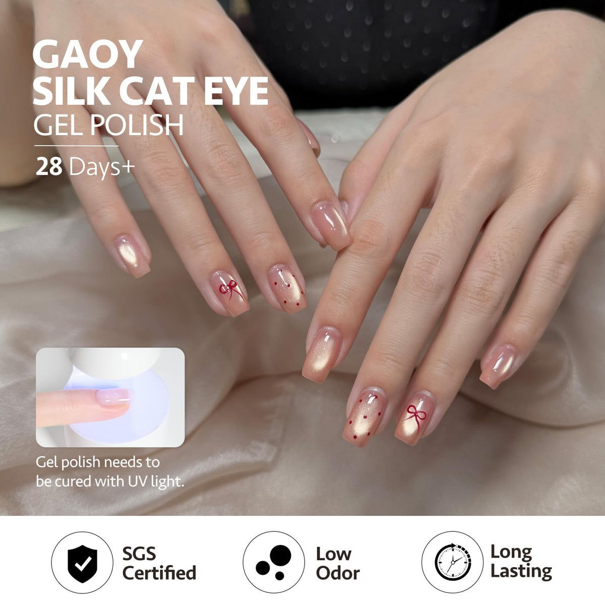 GAOY finished manicure in studio lighting illustrating subtle nude cat-eye effect for elegant nails