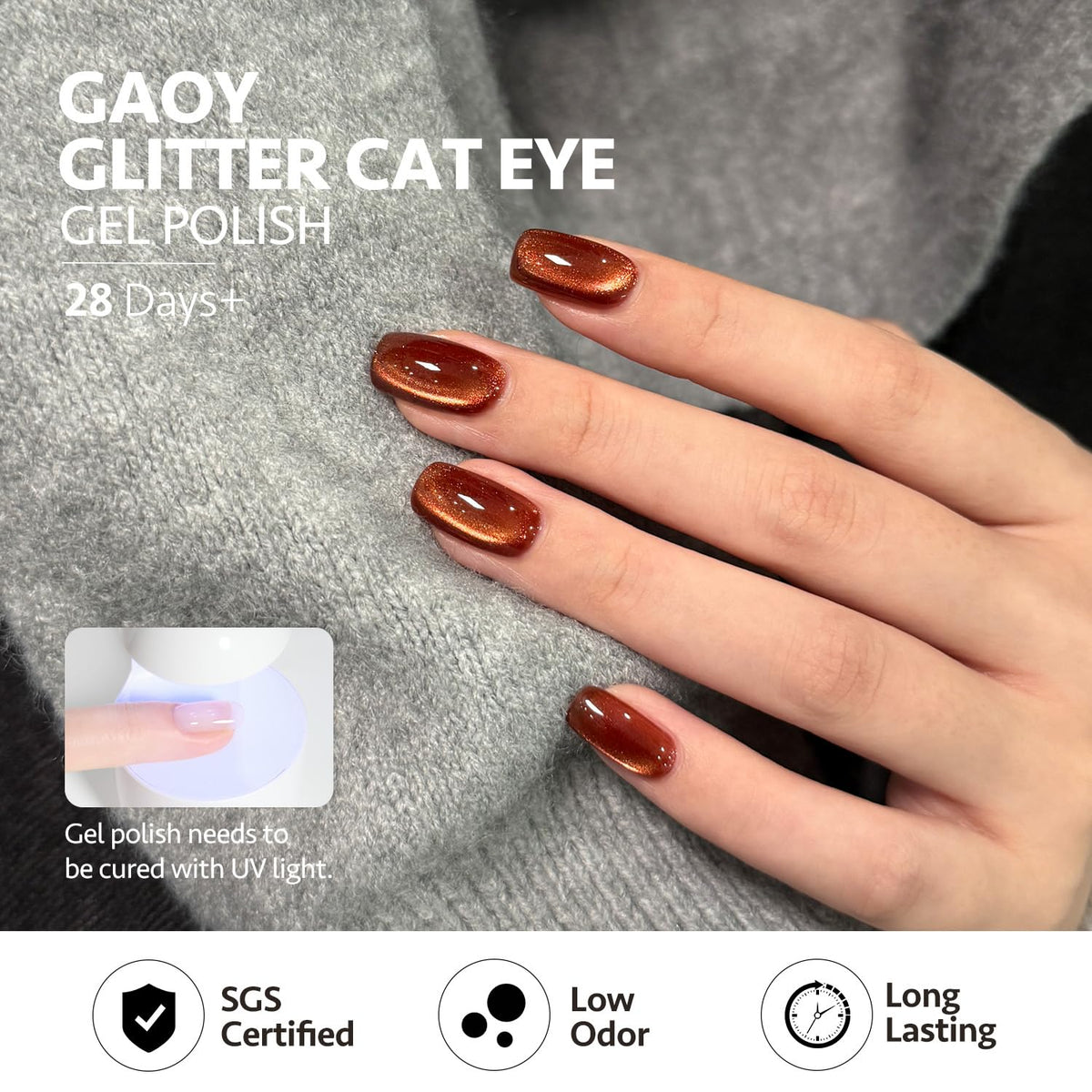 GAOY manicured hands under UV lamp showing salon-quality shine and durable finish