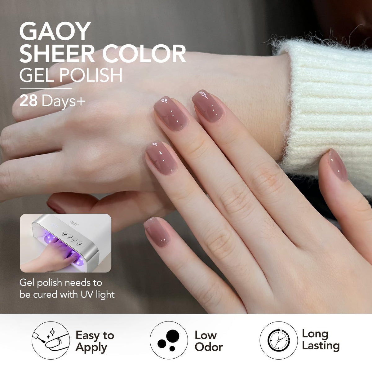GAOY styled soft neutral manicure on hands, showcasing wearable glossy finish