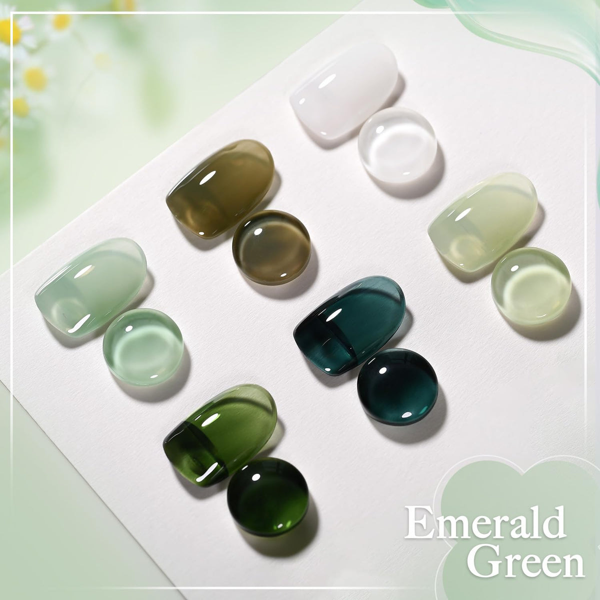 GAOY manicured hands wearing jelly green translucent finish illustrating delicate, wearable nail art