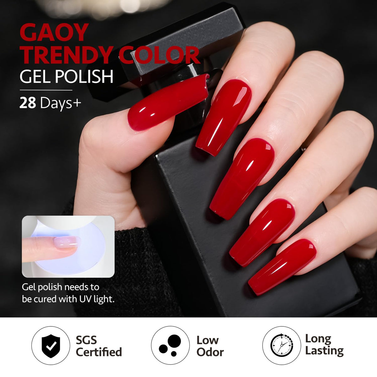 GAOY manicure in use on a hand model demonstrating long-lasting glossy finish