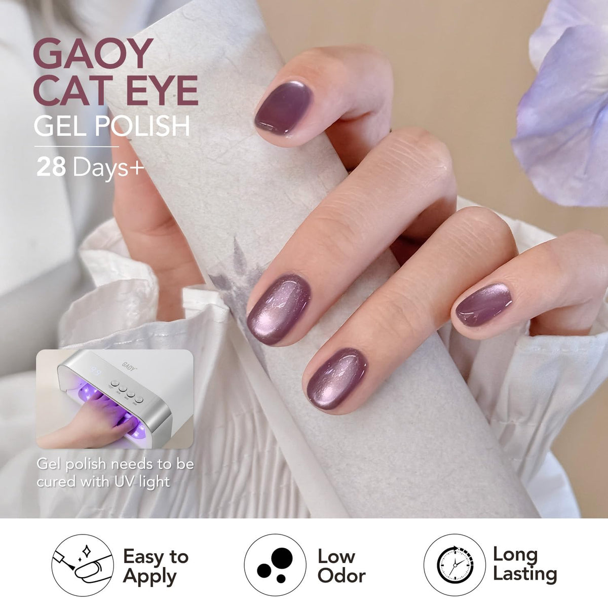 GAOY manicure on hands showcasing finished iridescent cat-eye nails for styling ideas