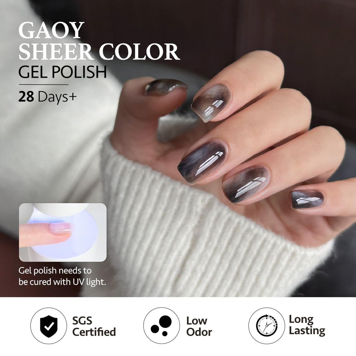 GAOY finished manicure on hand, showcases wearable moody tones and shine