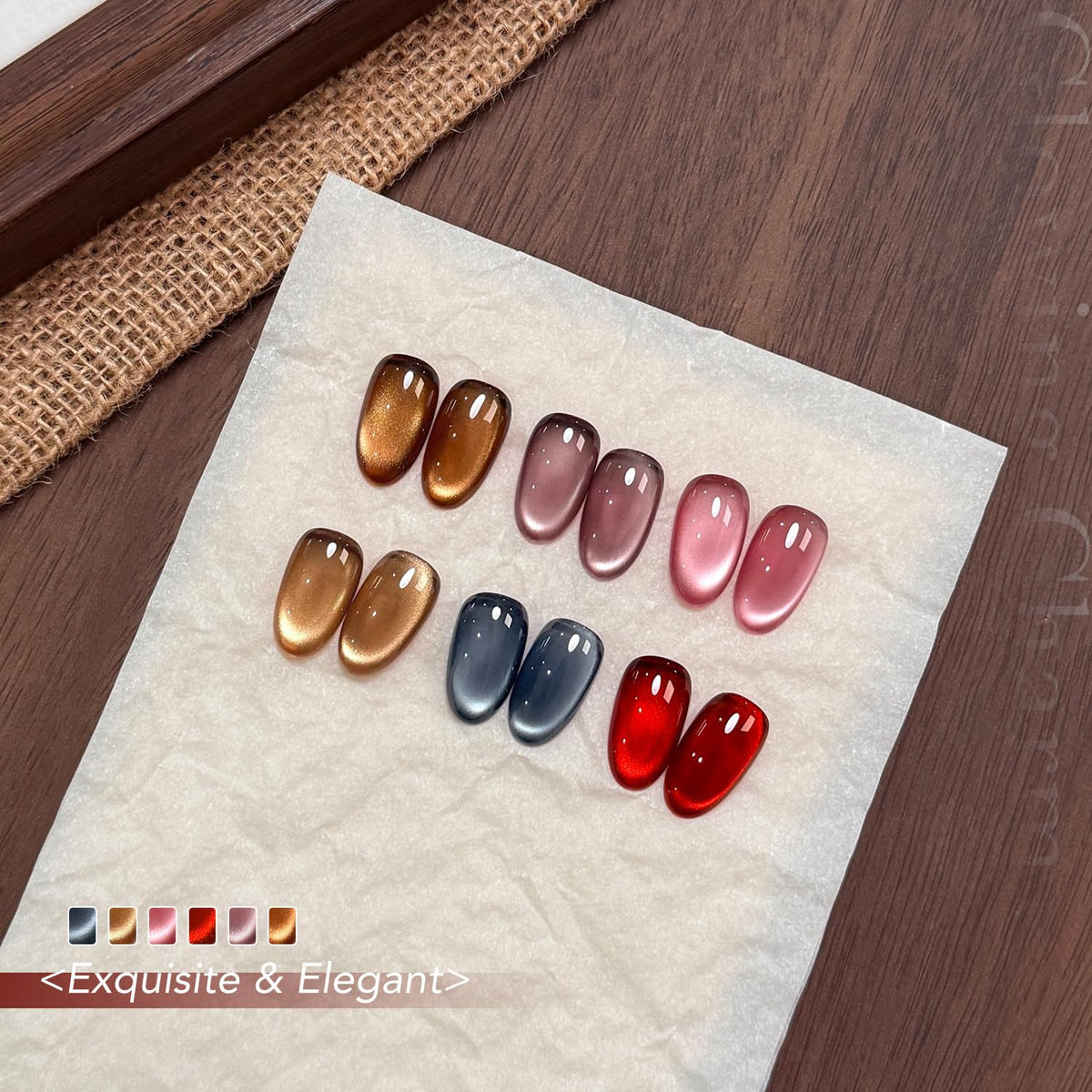 GAOY nail art showing layered ombré and cat-eye accents on model nails