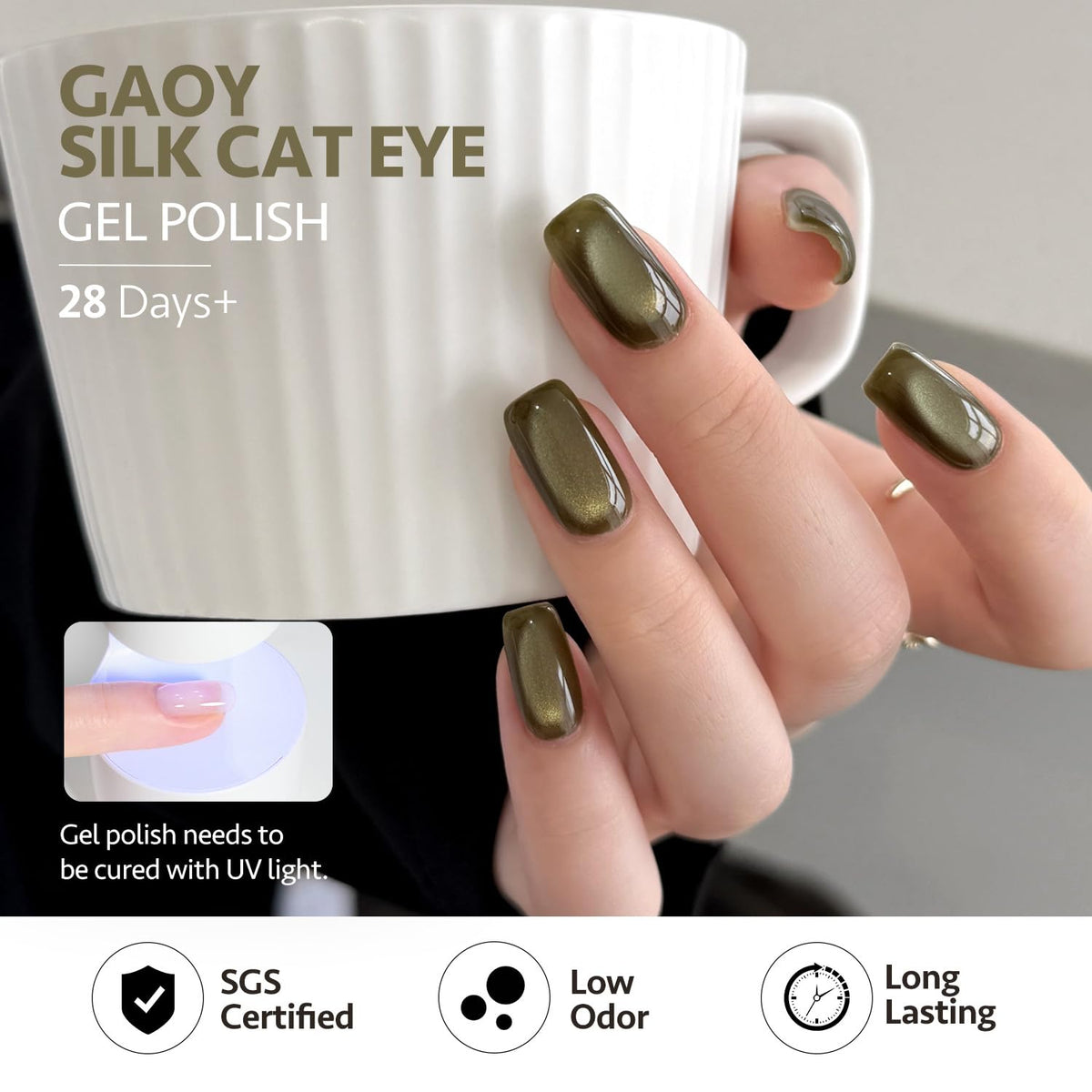 GAOY bottle beside a hand for scale showing compact size and travel-friendly convenience