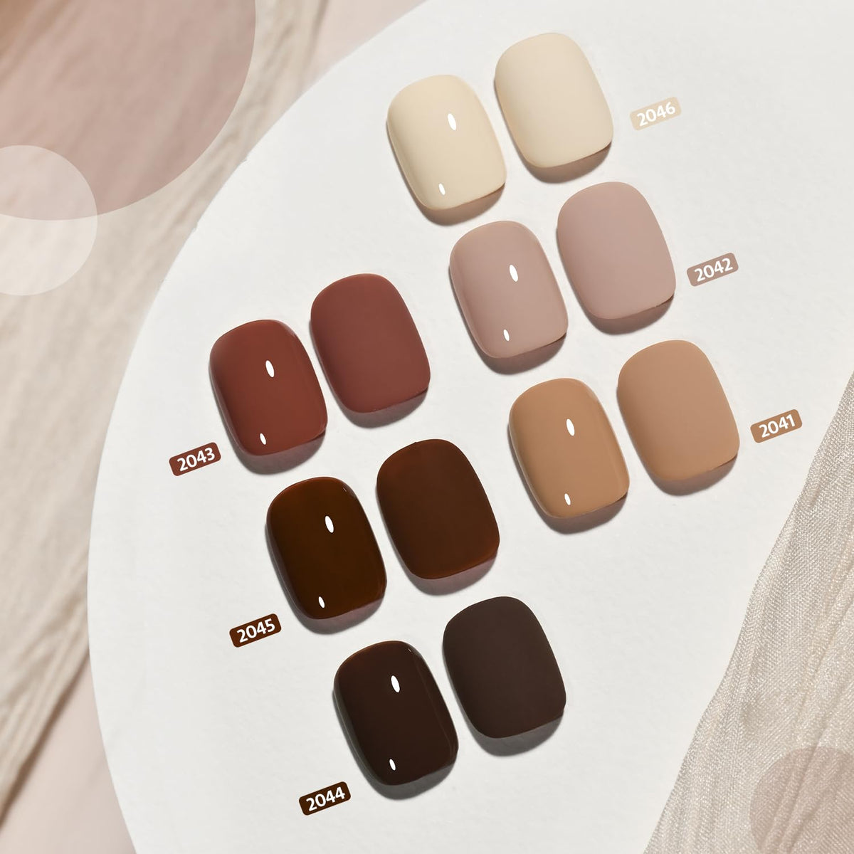 GAOY swatch palette displaying six nude-brown shades for mix-and-match looks