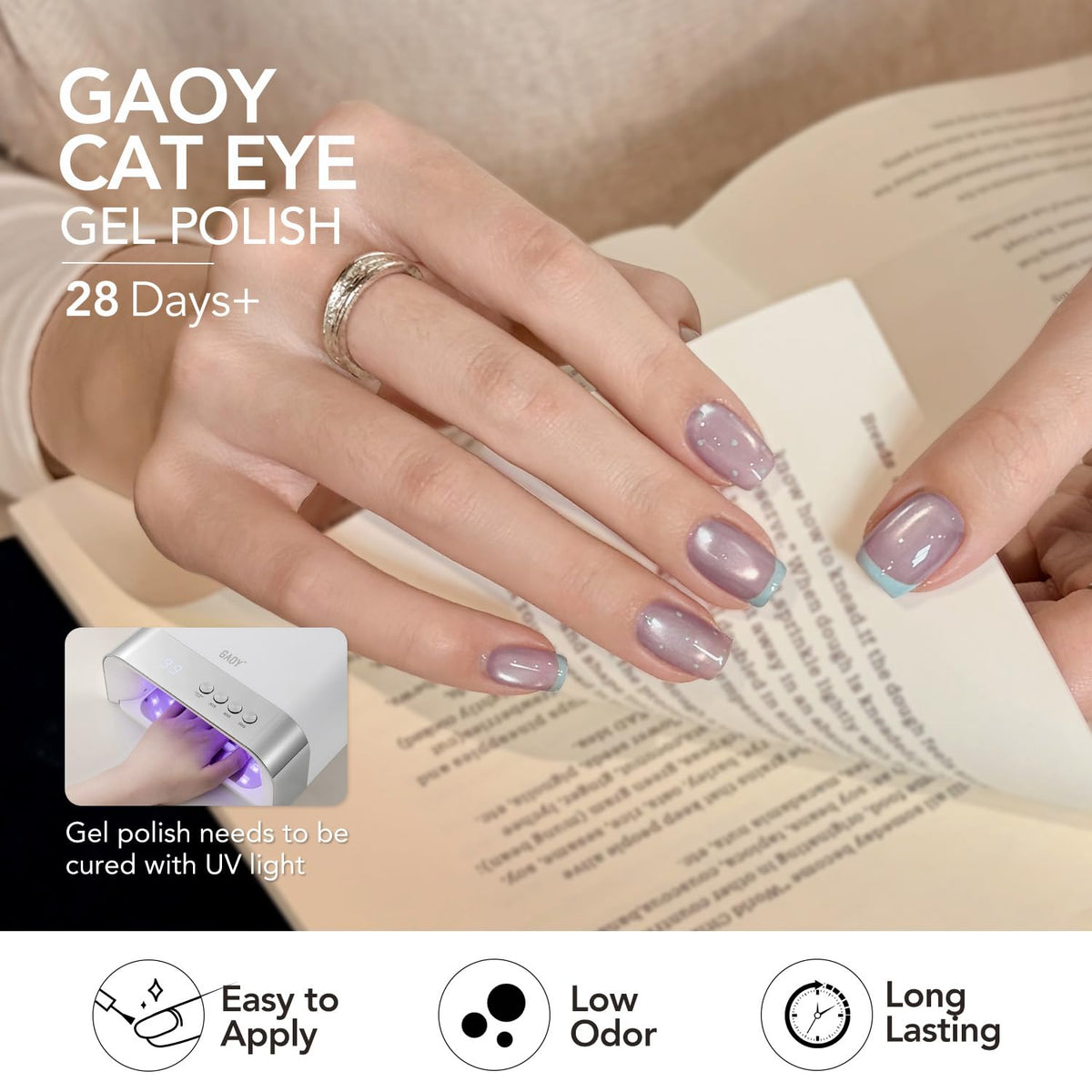 GAOY finished manicure on hands in lifestyle scene for salon-quality look