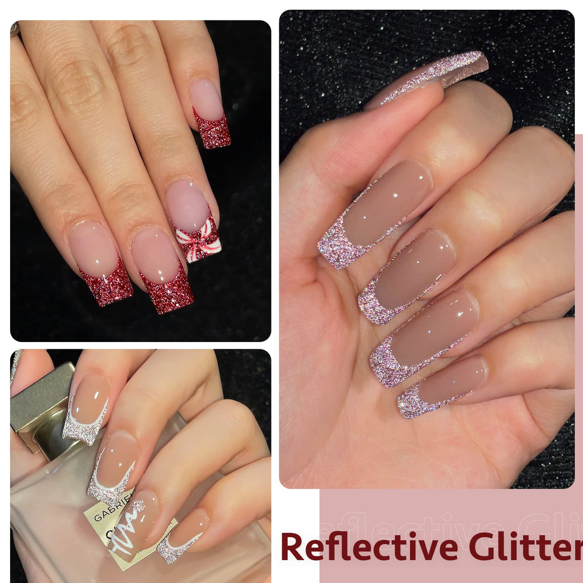 GAOY nail swatch board with pink red silver holographic shades showing color payoff