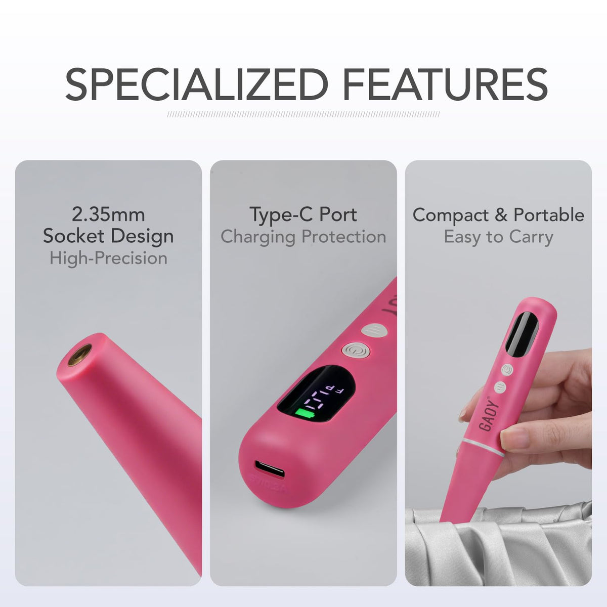 GAOY size comparison next to fingers showing scale and travel-friendly portability