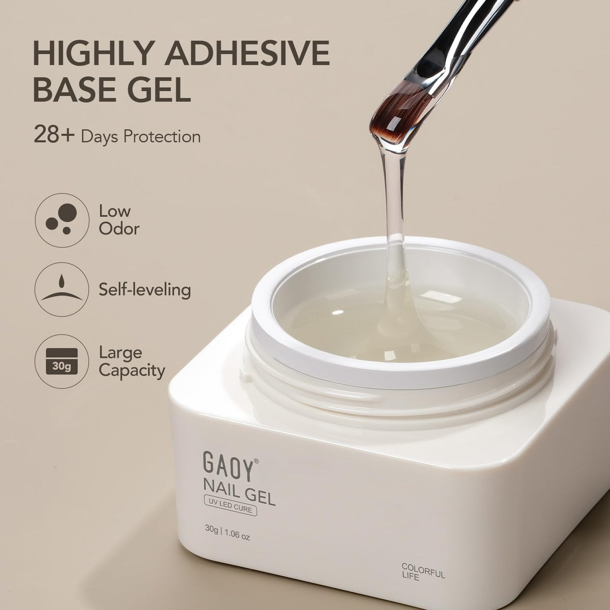 GAOY size scale with coin illustrating 30g tube capacity for multiple manicures and value
