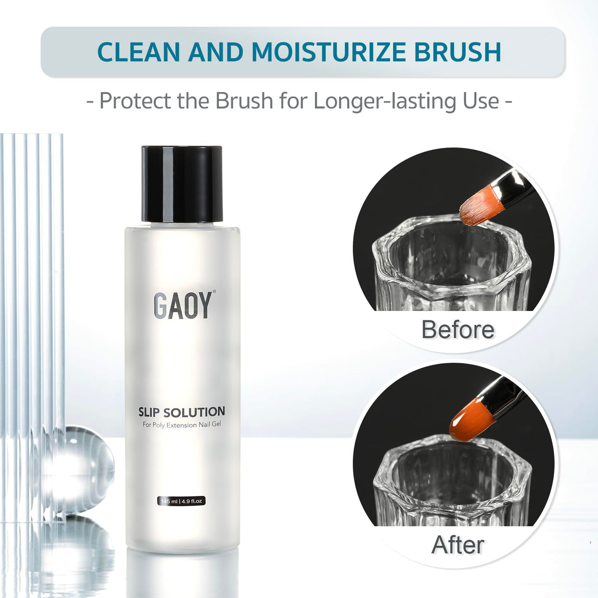 GAOY solution pouring from bottle demonstrating controlled anti-stick benefit