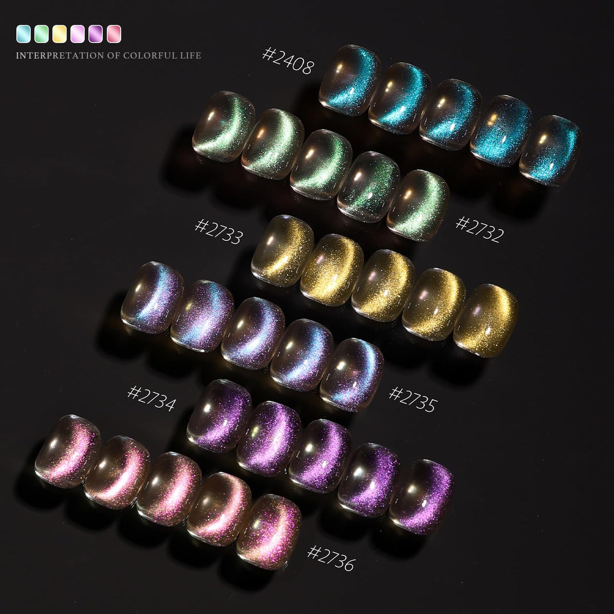 GAOY swatch fan of six holographic blue shades showing gradient sparkle for color selection