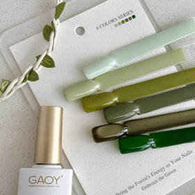 GAOY swatch strip of six dark green shades showing color range and shimmer payoff