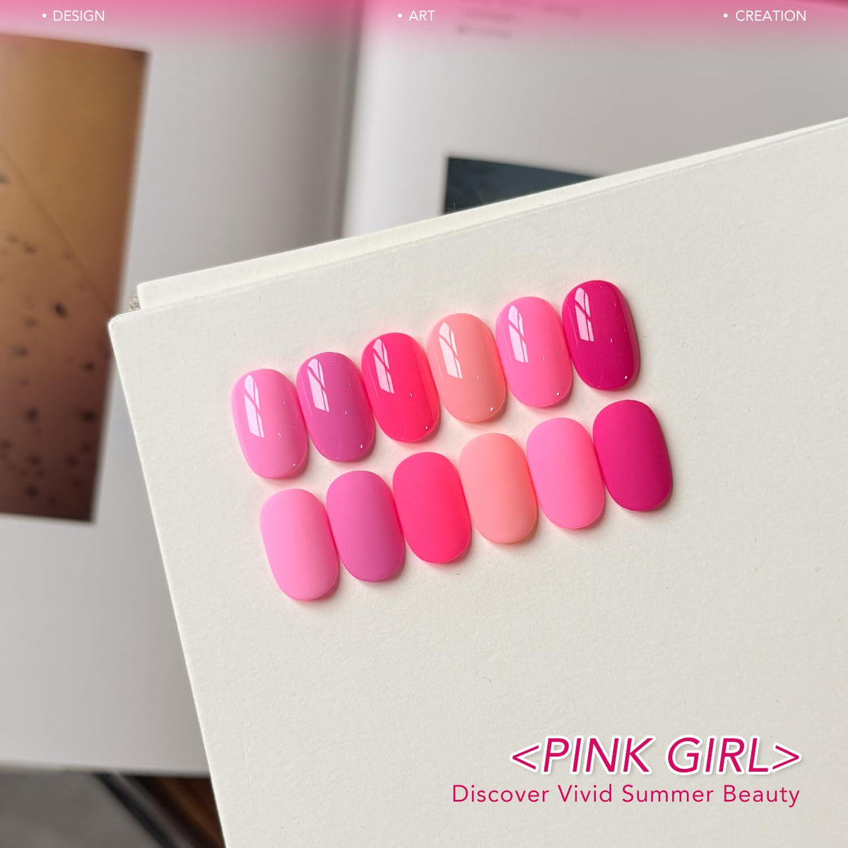 GAOY swatch strip displaying six neon and baby pink gel shades