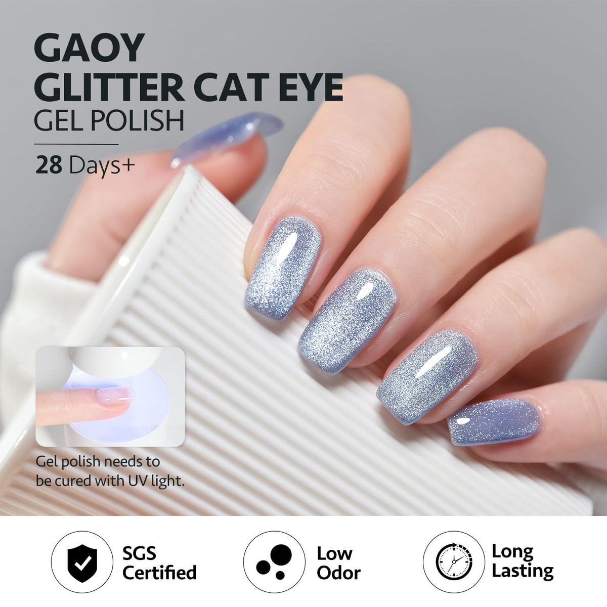GAOY swatch strips of all six shades showing reflective finishes and selection guidance benefit