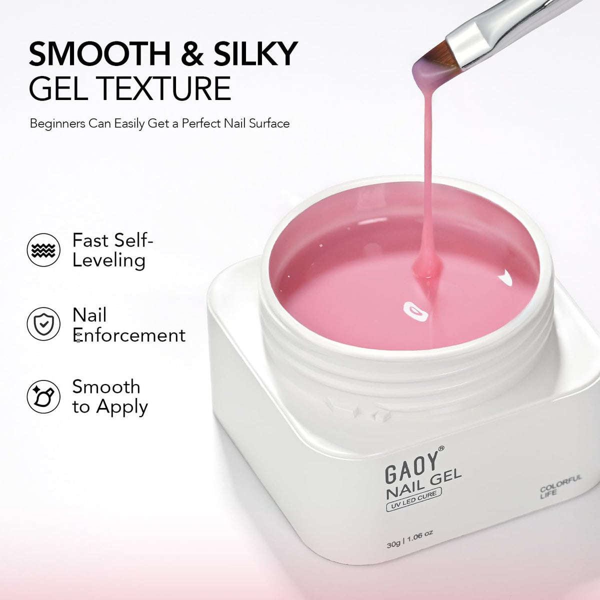 GAOY gel texture close-up with brush stroke demonstrating smooth spreadability