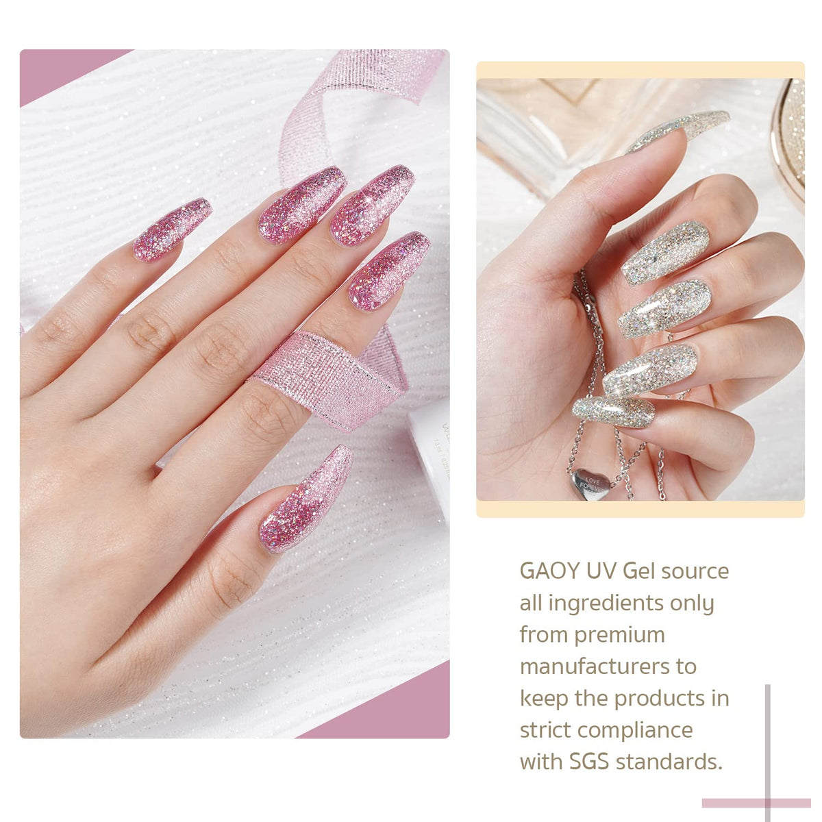 GAOY texture swatches on nail tips showing sparkle density and vibrant finish benefit