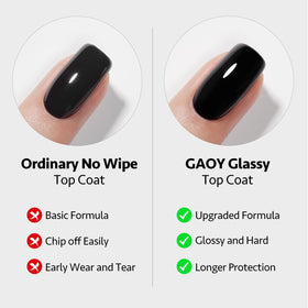 GAOY clear gloss swatches on nail tips showing mirror shine and color protection benefits