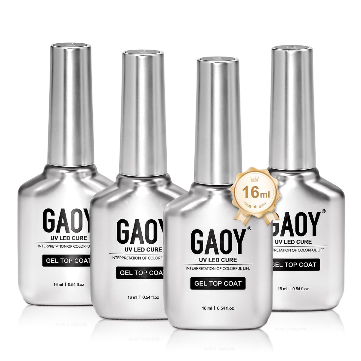 GAOY front packaging showing four chrome silver 16ml bottles with professional look and benefits