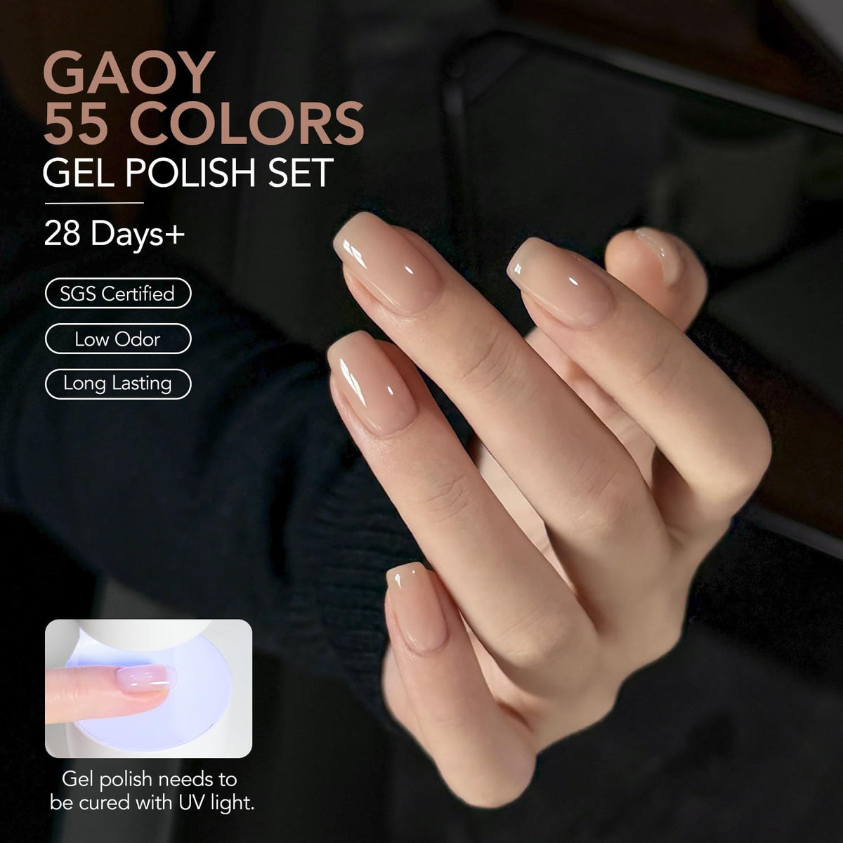 GAOY top coats lineup showing glossy, matte, glitter, and base benefits