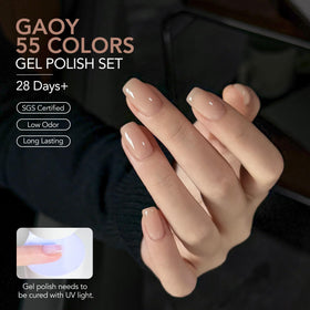 GAOY top coats lineup showing glossy, matte, glitter, and base benefits