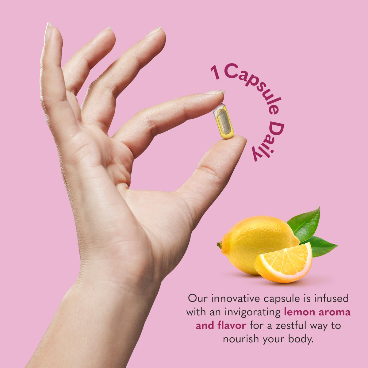 Garden of Life capsule in hand illustrating size and easy daily dosing practicality
