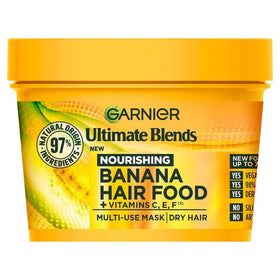 Garnier banana & shea front pot showing label and size, clear product benefit