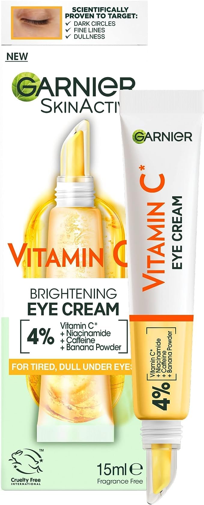Garnier front tube of eye cream showing product label and compact size benefit