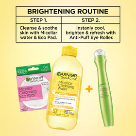 Garnier applying roller under eye to reduce puffiness and refresh delicate skin