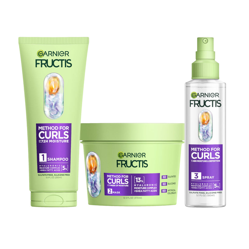 Garnier Fructis front kit display showing all three curl products for clear routine
