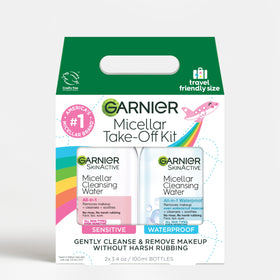 Garnier front packaging travel kit showing dual mini bottles and travel convenience benefit