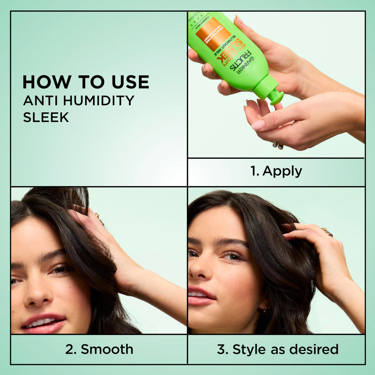 Garnier Fructis being applied to damp hair for frizz control and styling prep
