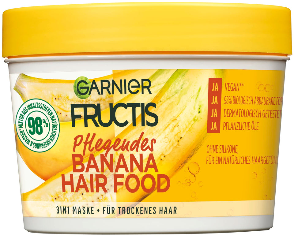Garnier Fructis front packaging showing nourishing banana hair food benefiting dry hair