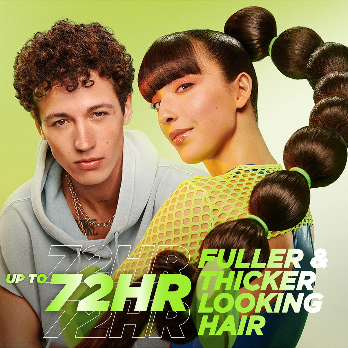 Before and after fine hair styled with Garnier Grow Strong emphasizing fuller-looking results