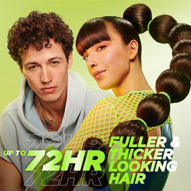 Before and after fine hair styled with Garnier Grow Strong emphasizing fuller-looking results